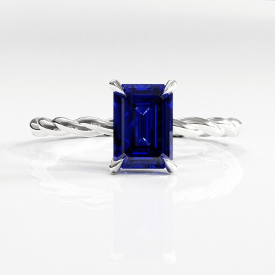 Emerald Cut Lab Grown Sapphire Hidden Halo Twisted Engagement Ring