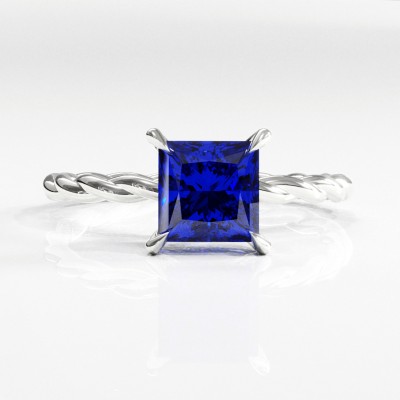 Princess Cut Lab Grown Sapphire Hidden Halo Twisted Engagement Ring