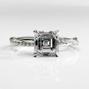 Asscher Cut Moissanite Hidden Halo Twisted Pave Engagement Ring 