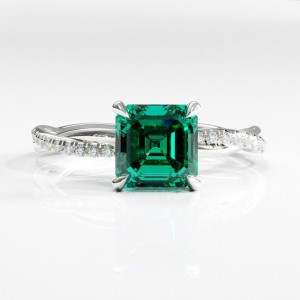 Asscher Cut Lab Grown Emerald Hidden Halo Twisted Pave Engagement Ring 