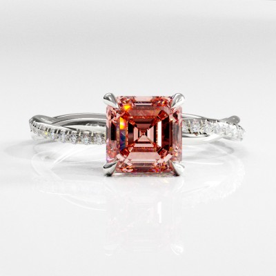 Asscher Cut Lab Grown Morganite Hidden Halo Twisted Pave Engagement Ring 