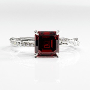 Asscher Cut Lab Grown Ruby Hidden Halo Twisted Pave Engagement Ring 