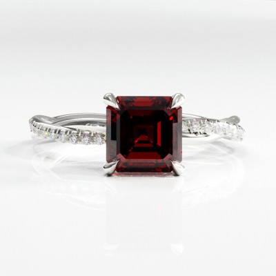 Asscher Cut Lab Grown Ruby Hidden Halo Twisted Pave Engagement Ring 