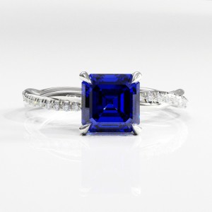 Asscher Cut Lab Grown Sapphire Hidden Halo Twisted Pave Engagement Ring 