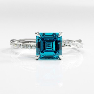 Asscher Cut Natural Topaz Hidden Halo Twisted Pave Engagement Ring 