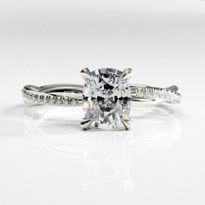 Elongated Cushion Cut Moissanite Hidden Halo Twisted Pave Engagement Ring 