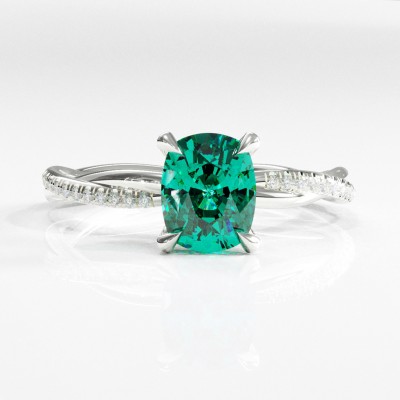 Elongated Cushion Cut Lab Grown Emerald Hidden Halo Twisted Pave Engagement Ring 