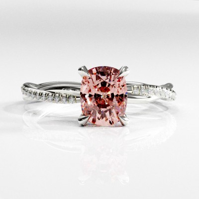 Elongated Cushion Cut Lab Grown Morganite Hidden Halo Twisted Pave Engagement Ring 