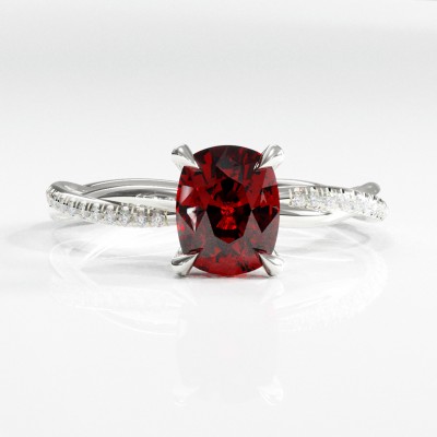 Elongated Cushion Cut Lab Grown Ruby Hidden Halo Twisted Pave Engagement Ring 