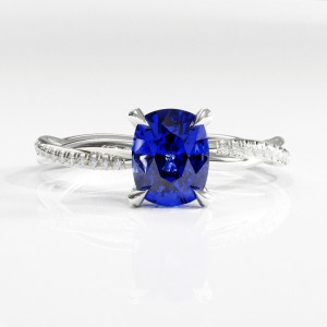 Elongated Cushion Cut Lab Grown Sapphire Hidden Halo Twisted Pave Engagement Ring 