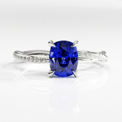 Elongated Cushion Cut Lab Grown Sapphire Hidden Halo Twisted Pave Engagement Ring 