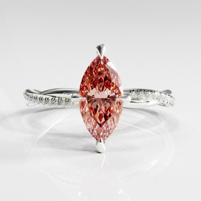 Marquise Cut Lab Grown Morganite Hidden Halo Twisted Pave Engagement Ring 