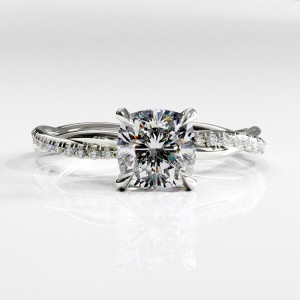 Cushion Cut Moissanite Hidden Halo Twisted Pave Engagement Ring 