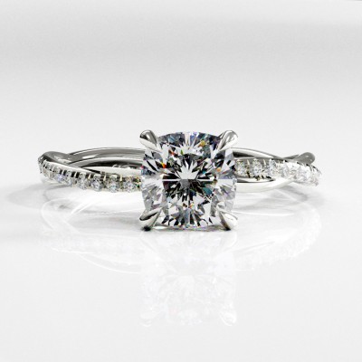 Cushion Cut Moissanite Hidden Halo Twisted Pave Engagement Ring 