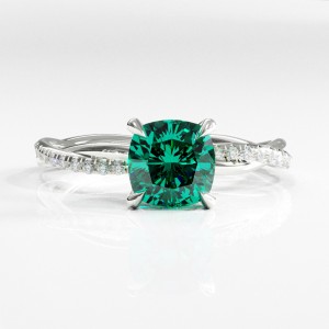 Cushion Cut Lab Grown Emerald Hidden Halo Twisted Pave Engagement Ring 