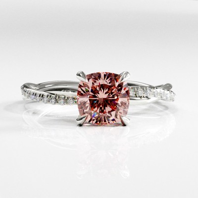 Cushion Cut Lab Grown Morganite Hidden Halo Twisted Pave Engagement Ring 