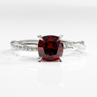 Cushion Cut Lab Grown Ruby Hidden Halo Twisted Pave Engagement Ring 