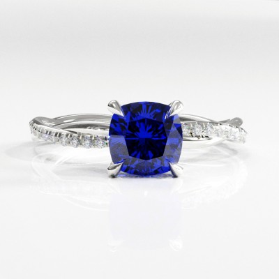 Cushion Cut Lab Grown Sapphire Hidden Halo Twisted Pave Engagement Ring 