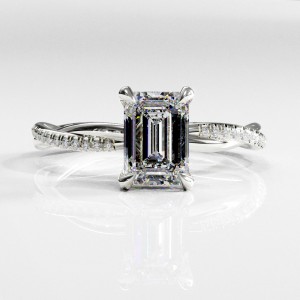 Emerald Cut Moissanite Hidden Halo Twisted Pave Engagement Ring 