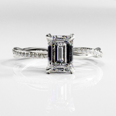 Emerald Cut Moissanite Hidden Halo Twisted Pave Engagement Ring 