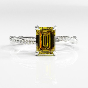 Emerald Cut Moissanite Hidden Halo Twisted Pave Engagement Ring 