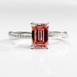 Emerald Cut Lab Grown Morganite Hidden Halo Twisted Pave Engagement Ring 