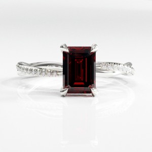 Emerald Cut Lab Grown Ruby Hidden Halo Twisted Pave Engagement Ring 