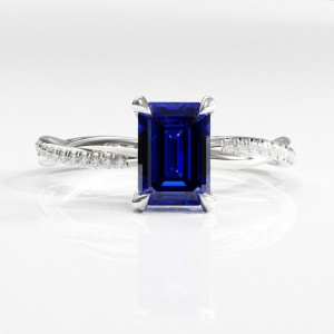 Emerald Cut Lab Grown Sapphire Hidden Halo Twisted Pave Engagement Ring 