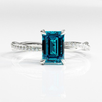 Emerald Cut Natural Topaz Hidden Halo Twisted Pave Engagement Ring 