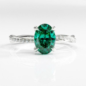 Oval Cut Lab Grown Emerald Hidden Halo Twisted Pave Engagement Ring 