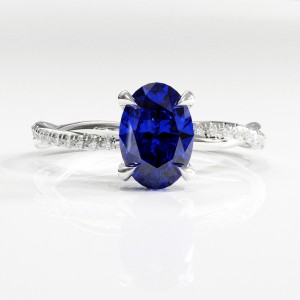 Oval Cut Lab Grown Sapphire Hidden Halo Twisted Pave Engagement Ring 