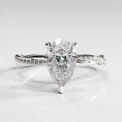 Pear Cut Moissanite Hidden Halo Twisted Pave Engagement Ring 