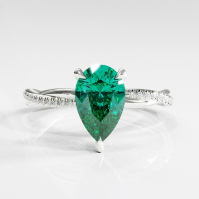 Pear Cut Lab Grown Emerald Hidden Halo Twisted Pave Engagement Ring 