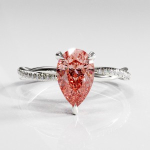 Pear Cut Lab Grown Morganite Hidden Halo Twisted Pave Engagement Ring 