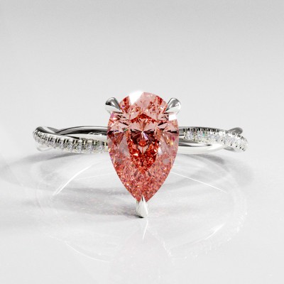 Pear Cut Lab Grown Morganite Hidden Halo Twisted Pave Engagement Ring 