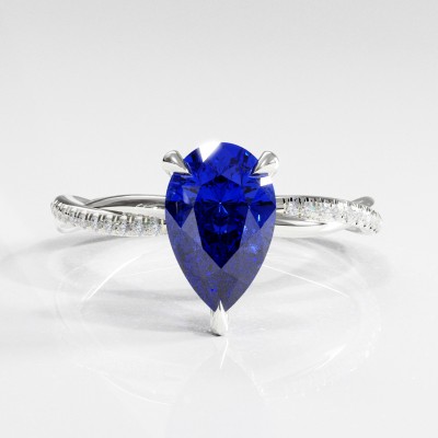 Pear Cut Lab Grown Sapphire Hidden Halo Twisted Pave Engagement Ring 