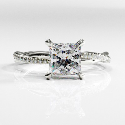 Princess Cut Moissanite Hidden Halo Twisted Pave Engagement Ring 