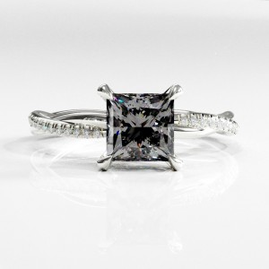 Princess Cut Moissanite Hidden Halo Twisted Pave Engagement Ring 