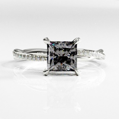 Princess Cut Moissanite Hidden Halo Twisted Pave Engagement Ring 