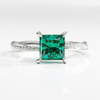 Princess Cut Lab Grown Emerald Hidden Halo Twisted Pave Engagement Ring 