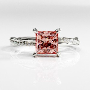 Princess Cut Lab Grown Morganite Hidden Halo Twisted Pave Engagement Ring 