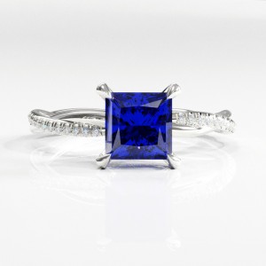 Princess Cut Lab Grown Sapphire Hidden Halo Twisted Pave Engagement Ring 