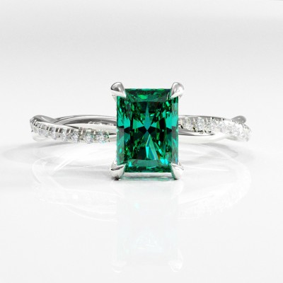 Radiant Cut Lab Grown Emerald Hidden Halo Twisted Pave Engagement Ring 