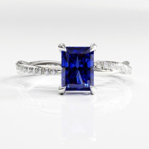 Radiant Cut Lab Grown Sapphire Hidden Halo Twisted Pave Engagement Ring 