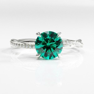 Round Cut Lab Grown Emerald Hidden Halo Twisted Pave Engagement Ring 