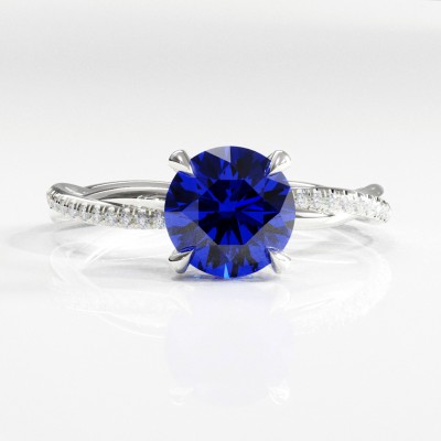 Round Cut Lab Grown Sapphire Hidden Halo Twisted Pave Engagement Ring 