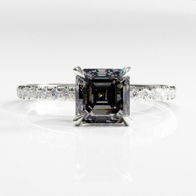 Asscher Cut Moissanite Hidden Halo Pave Engagement Ring 