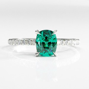 Elongated Cushion Cut Lab Grown Emerald Hidden Halo Pave Engagement Ring 