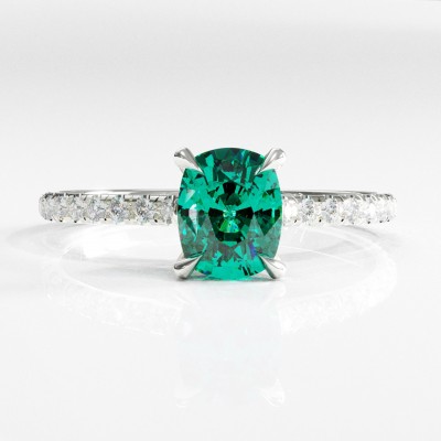 Elongated Cushion Cut Lab Grown Emerald Hidden Halo Pave Engagement Ring 