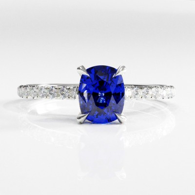 Elongated Cushion Cut Lab Grown Sapphire Hidden Halo Pave Engagement Ring 